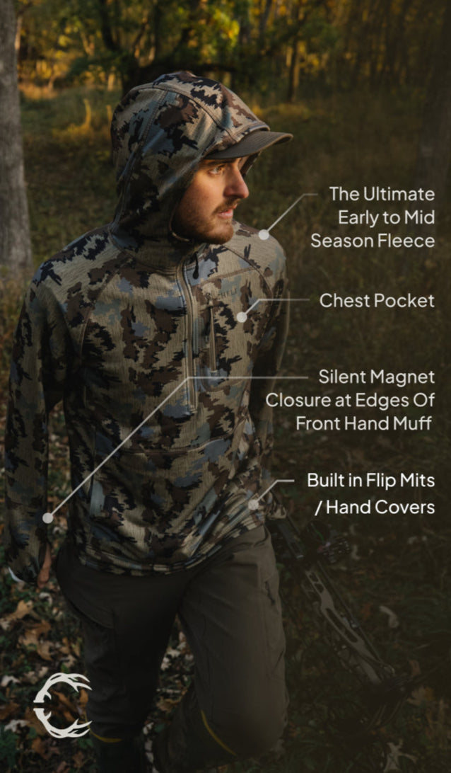 Man in camo fleece with text highlighting features, standing in a forest.